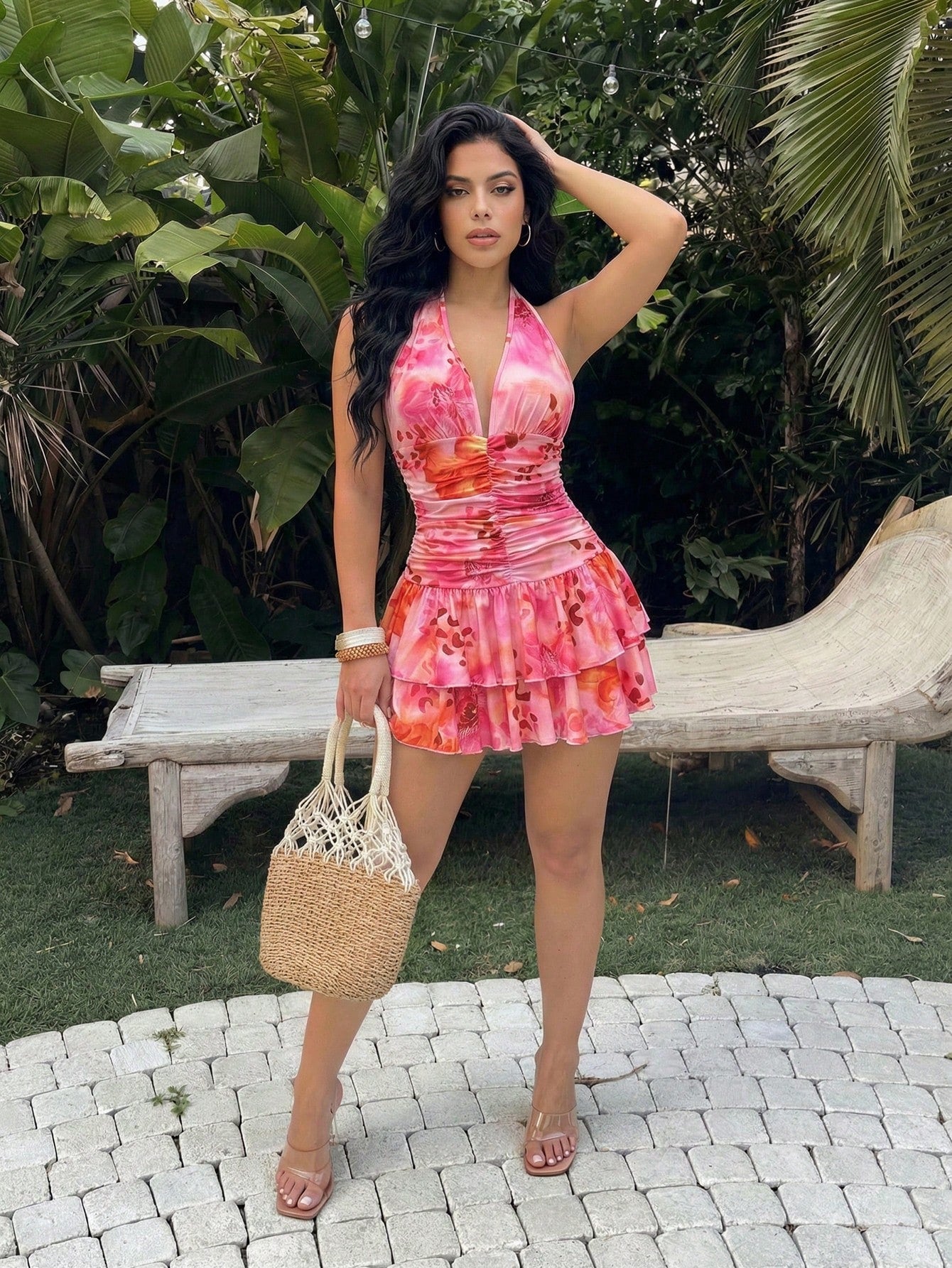 SXY Floral Print Halter Neck Dress, Suitable For Beach Vacation In Summer,Summer Dresses For Women