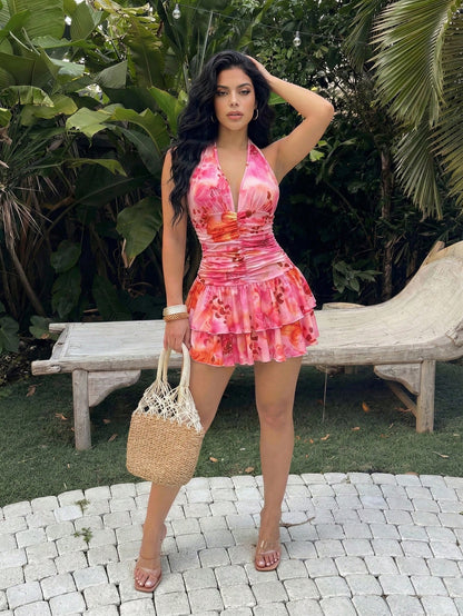 SXY Floral Print Halter Neck Dress, Suitable For Beach Vacation In Summer,Summer Dresses For Women
