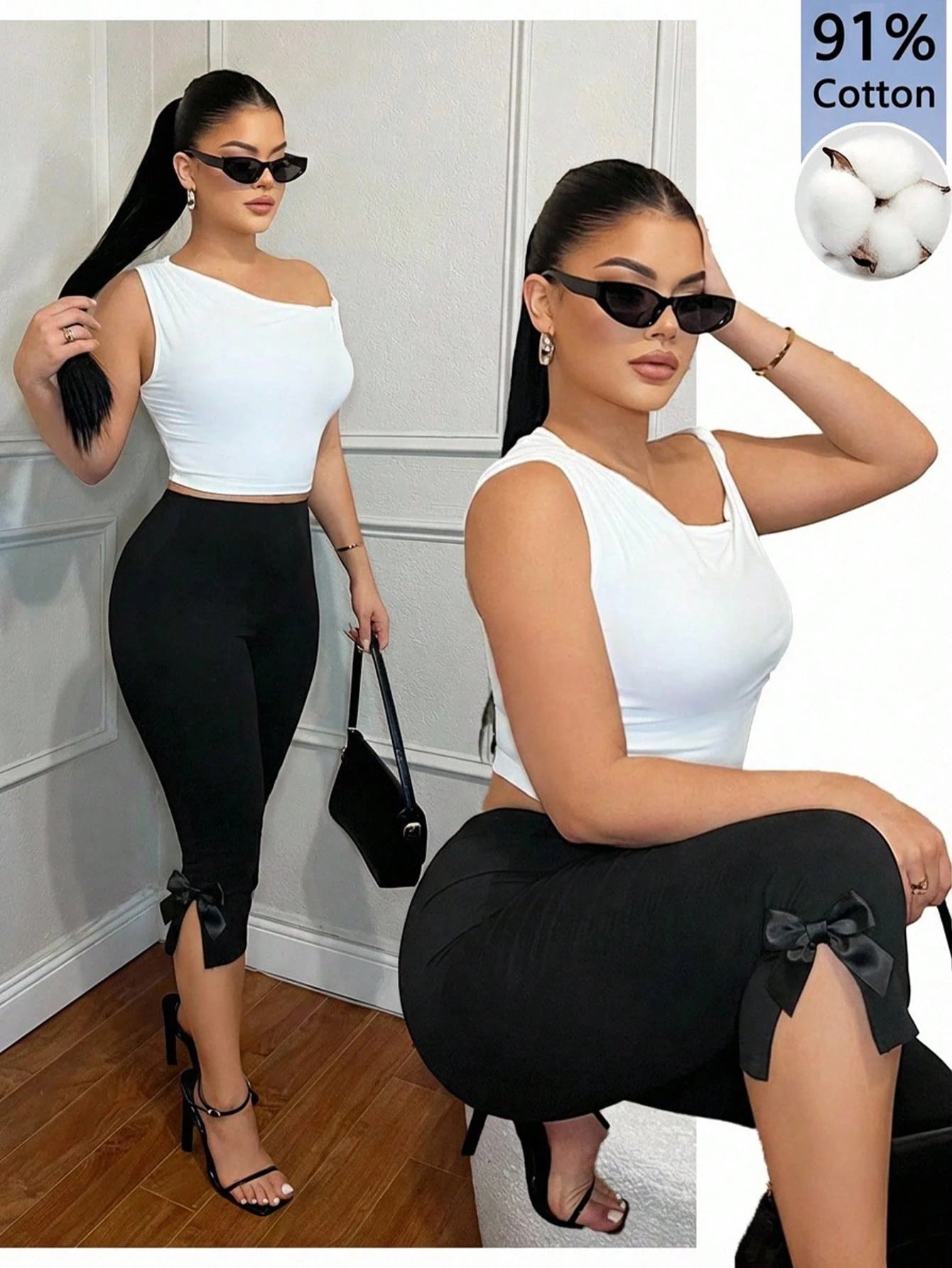 SXY Women's 91% Cotton Black Casual Slim Fit Split-Hem Capri Leggings With Ankle Bow,Summer Date Workout Yoga Activewear,Business Office & Elegant Wear