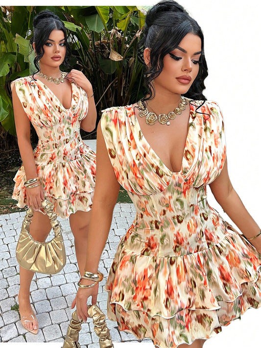 SXY Women's Beige Floral Print Vacation Cake Mini Dress Sundress,Boho Summer Bohemian Dress,Holiday Beach Dinner Outfit,Havana Nights Holiday Dress