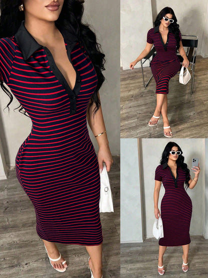 SXY Women's Casual Striped Rib-Knit Polo Collar Short Sleeve Bodycon Midi Dress