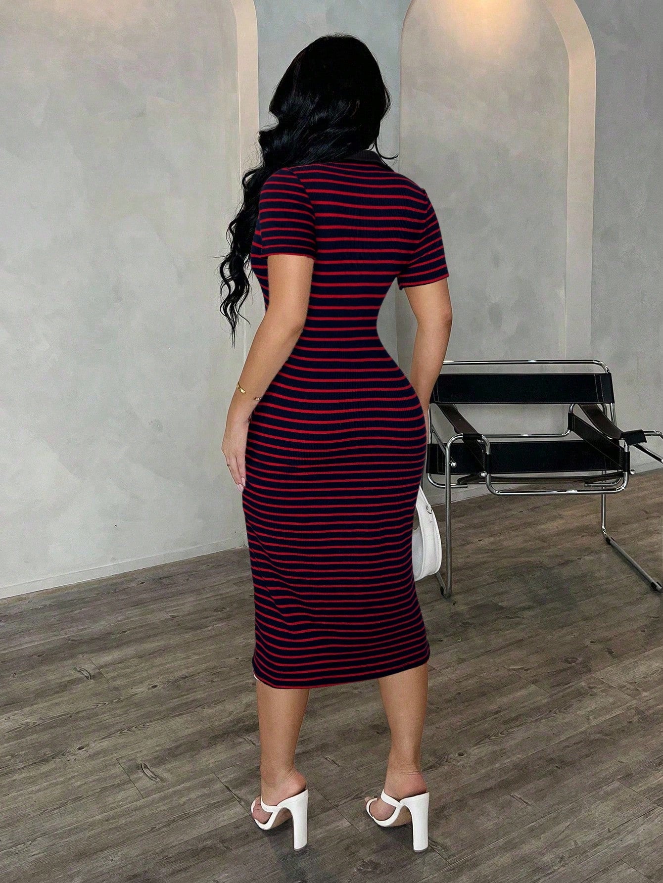 SXY Women's Casual Striped Rib-Knit Polo Collar Short Sleeve Bodycon Midi Dress