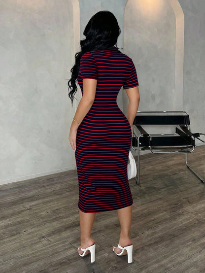 SXY Women's Casual Striped Rib-Knit Polo Collar Short Sleeve Bodycon Midi Dress