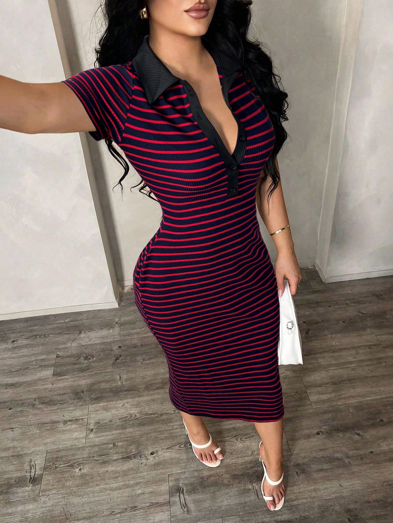 SXY Women's Casual Striped Rib-Knit Polo Collar Short Sleeve Bodycon Midi Dress