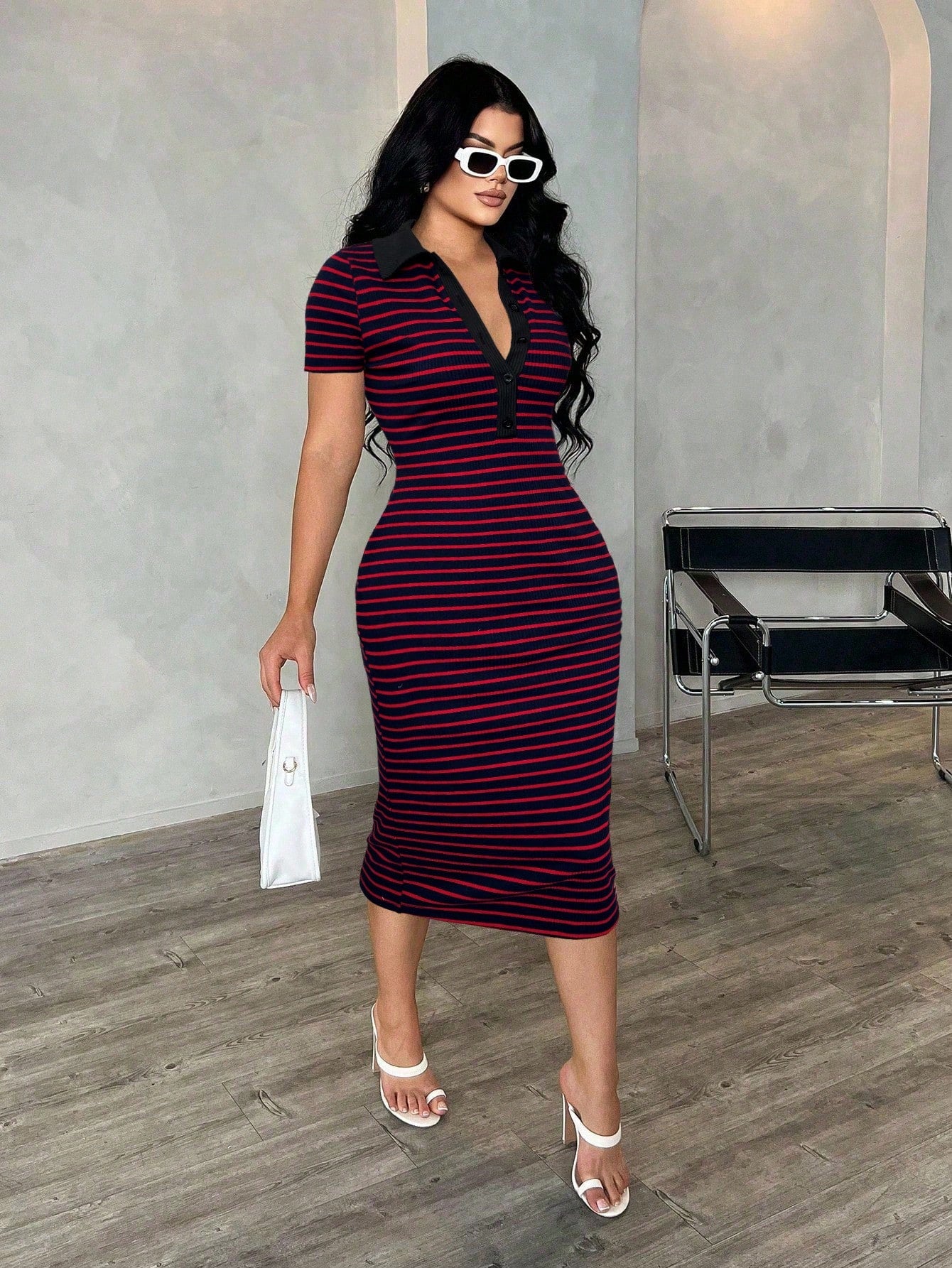 SXY Women's Casual Striped Rib-Knit Polo Collar Short Sleeve Bodycon Midi Dress
