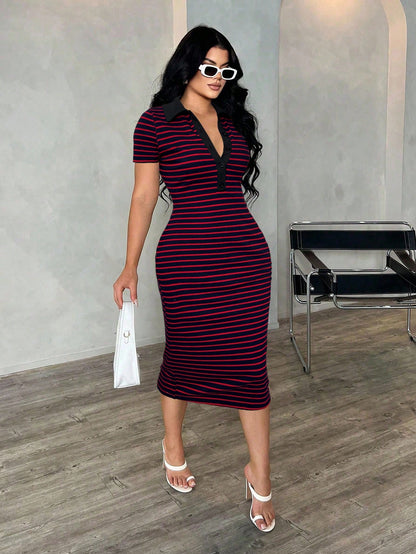 SXY Women's Casual Striped Rib-Knit Polo Collar Short Sleeve Bodycon Midi Dress