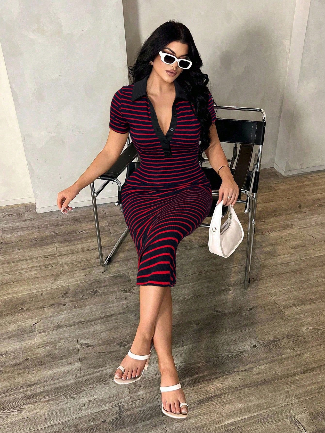 SXY Women's Casual Striped Rib-Knit Polo Collar Short Sleeve Bodycon Midi Dress