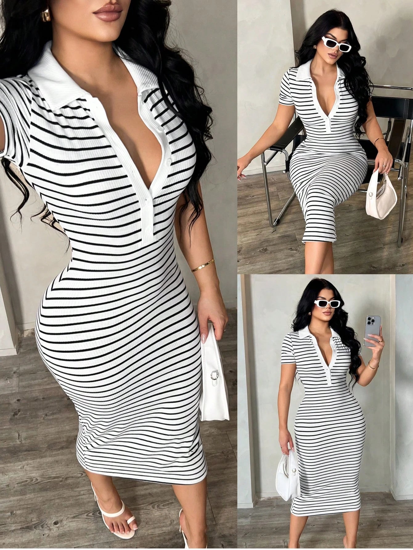 SXY Women's Casual Striped Rib-Knit Polo Collar Short Sleeve Bodycon Midi Dress