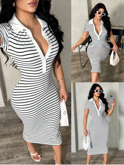 SXY Women's Casual Striped Rib-Knit Polo Collar Short Sleeve Bodycon Midi Dress