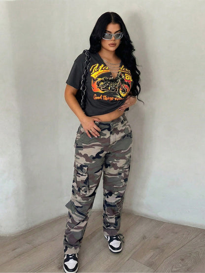 SXY Women's Plus-Size Dark Grey Casual Sommar Bussines Everyday Loose Punk Motorcycle Print T-Shirt,Retro Distressed Street Style Top With Metal Chain