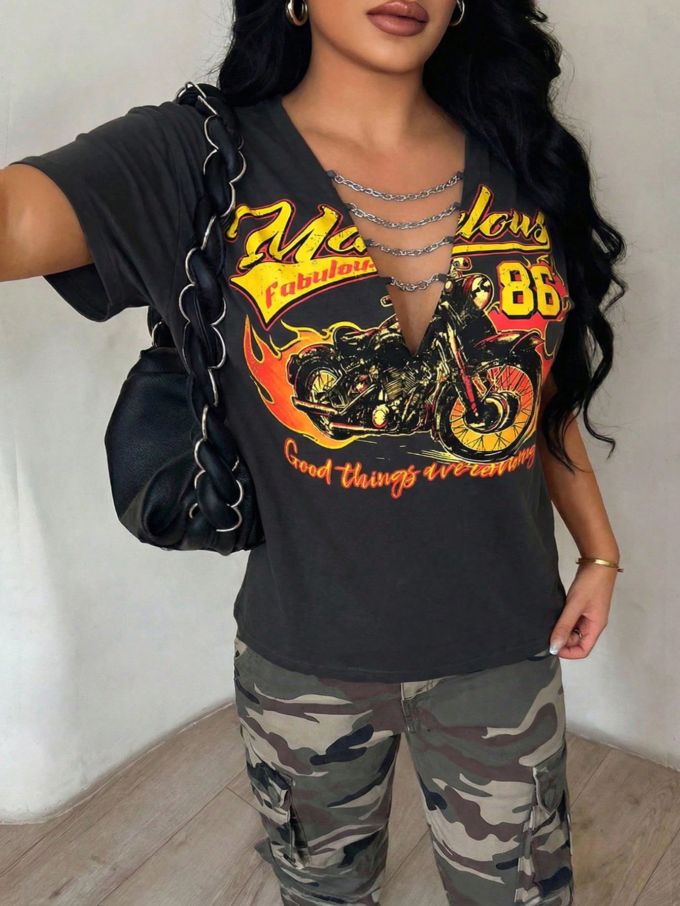 SXY Women's Plus-Size Dark Grey Casual Sommar Bussines Everyday Loose Punk Motorcycle Print T-Shirt,Retro Distressed Street Style Top With Metal Chain
