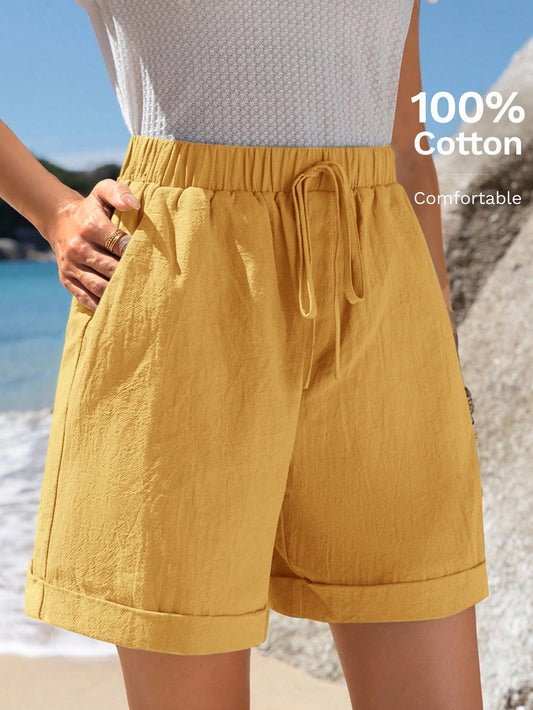 Sylviya Elastic Waist Tie Rolled Hem Slant Pocket Casual Shorts Summer Green Cotton Women 100 Percent Clothing S Woman Outfits For Short Holiday,Yellow