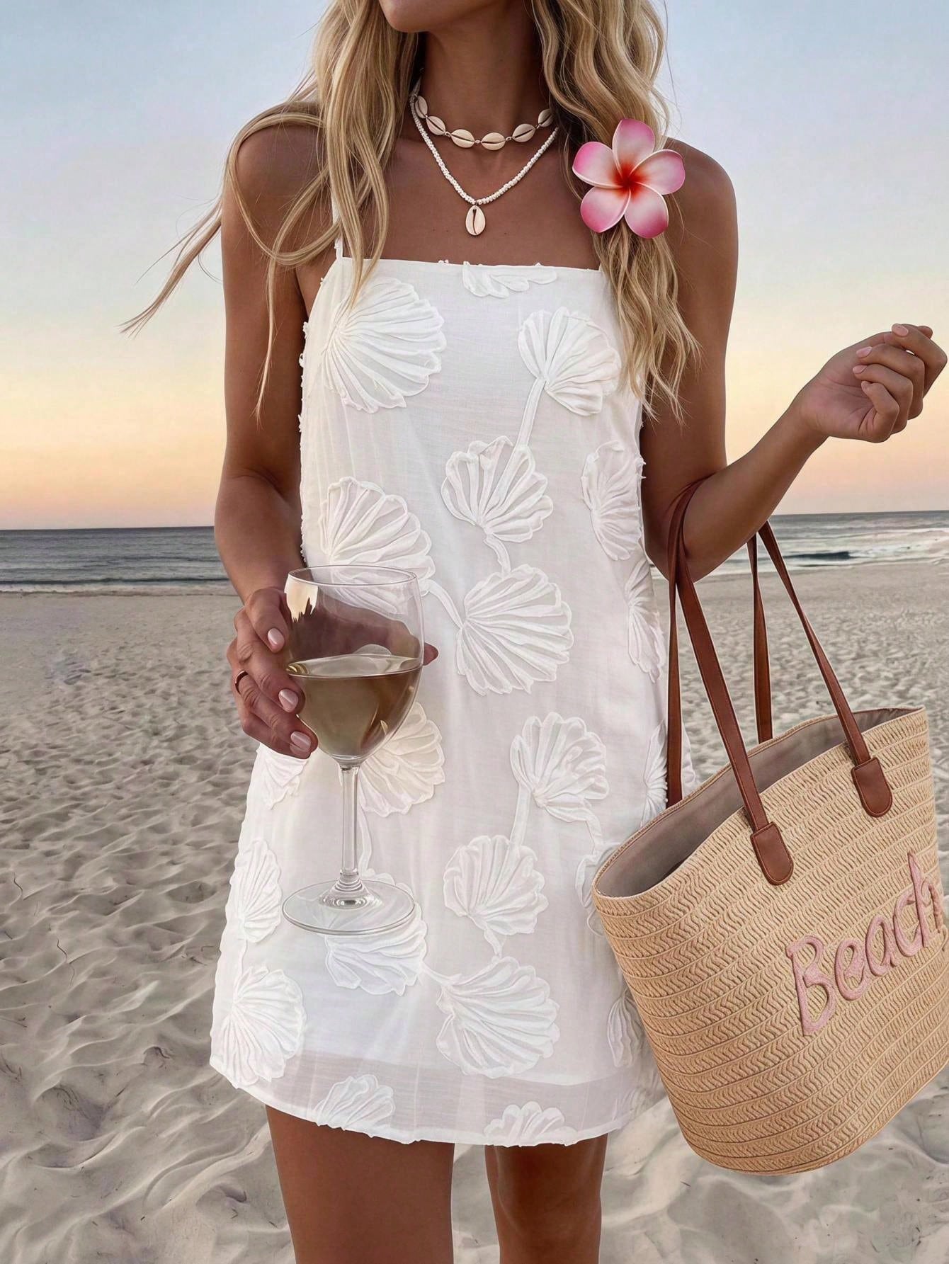 Sylviya Women's Casual Tropical Tropical Sexy Vacation Summer Jacquard Solid Color Spaghetti Strap Dress For Beach Vacation Holiday White Outfits