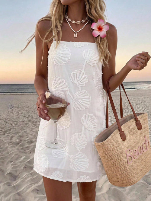 Sylviya Women's Casual Tropical Tropical Sexy Vacation Summer Jacquard Solid Color Spaghetti Strap Dress For Beach Vacation Holiday White Outfits