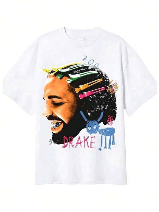 T- Shirt With Drake Graphic And Colorful Hair Clips Print,Halloween Crew Neck Short-Sleeved Fashionable Printed 100% Cotton T-Shirt