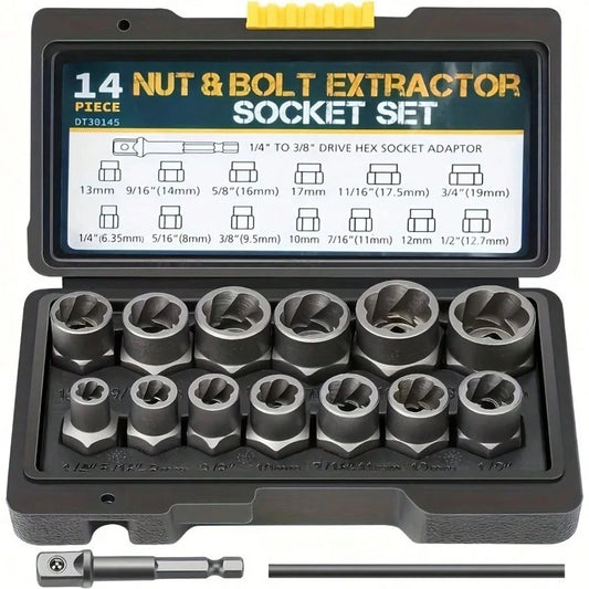 TAIMASI 15pcs Nut Extractor Set, 13pcs Bolt And Nut Remover, 1pc Iron Bar (If The Nut Is Still Stuck In The Sleeve When Removing It, Use It To Knock It Out), 1pc 1/4 '' To 3/8 "Drive Hexagonal Socket