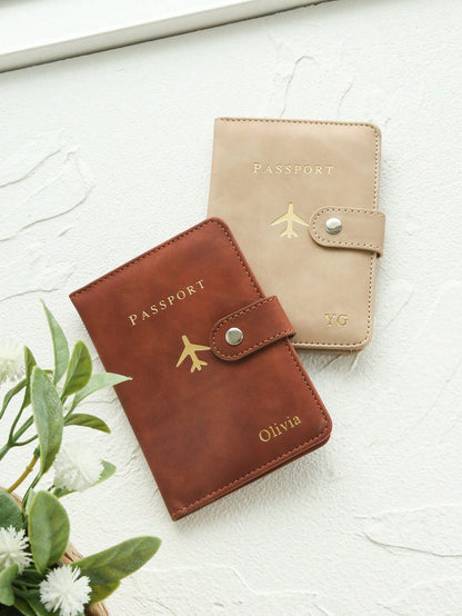 Takeoak 1pc Customized Gold Monogram Name Textured Suede Passport Cover With Buckle, Document Card Holder, Travel Gift For Bridesmaid Friends Birthday Mother's Day, For Students, Travel Organizer, Tra