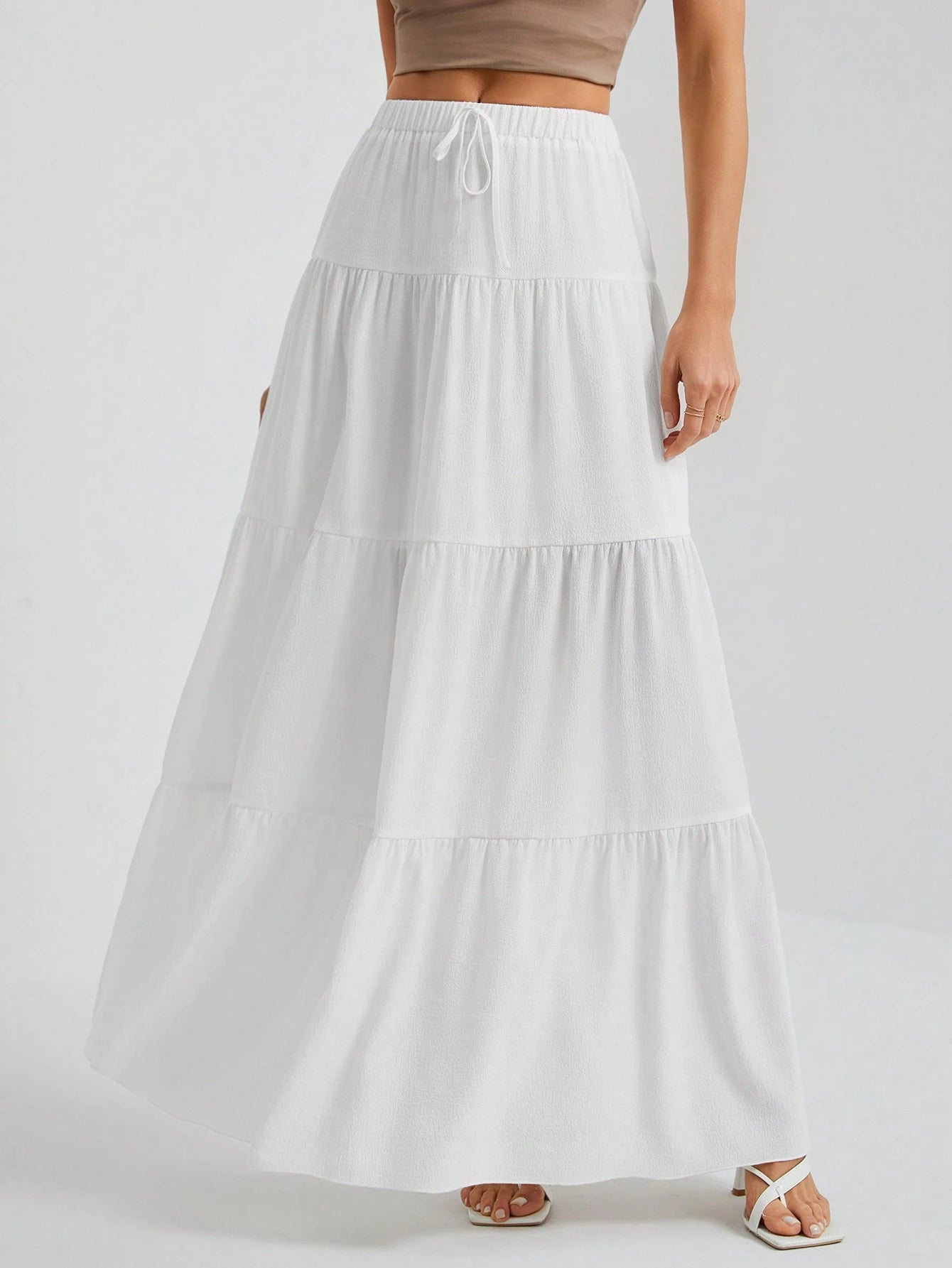 Tall White Woven Women's Large Hem White Lining Skirt, Suitable For Vacation And Going Out Beach, Tall Women Autumn Breezy