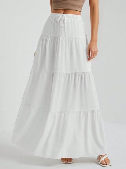 Tall White Woven Women's Large Hem White Lining Skirt, Suitable For Vacation And Going Out Beach, Tall Women Autumn Breezy