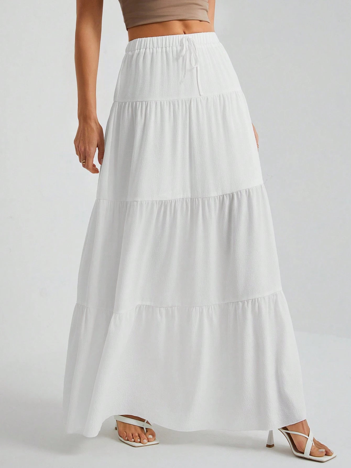 Tall White Woven Women's Large Hem White Lining Skirt, Suitable For Vacation And Going Out Beach, Tall Women Autumn Breezy