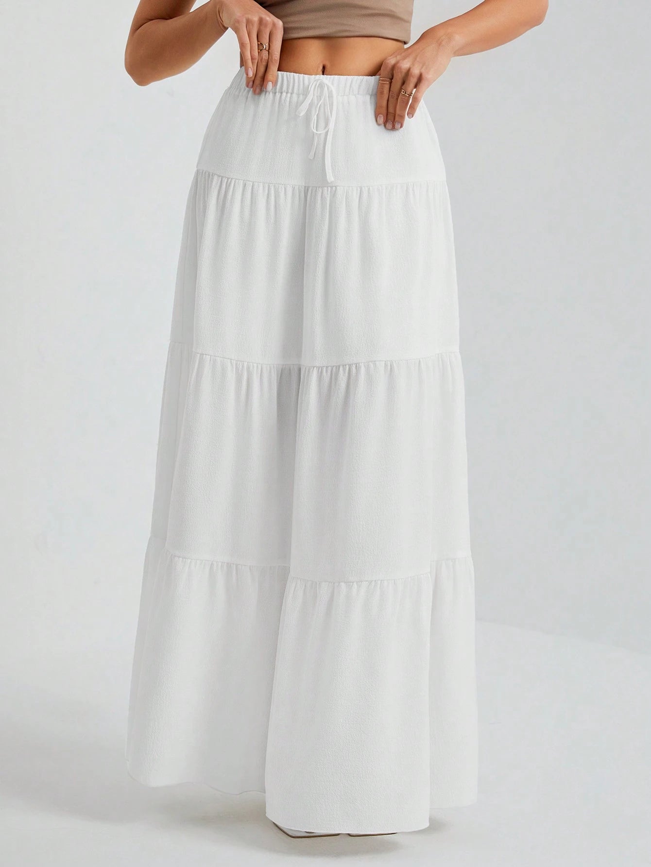 Tall White Woven Women's Large Hem White Lining Skirt, Suitable For Vacation And Going Out Beach, Tall Women Autumn Breezy