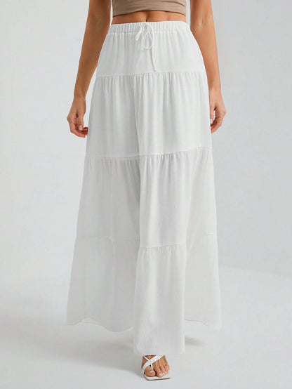 Tall White Woven Women's Large Hem White Lining Skirt, Suitable For Vacation And Going Out Beach, Tall Women Autumn Breezy