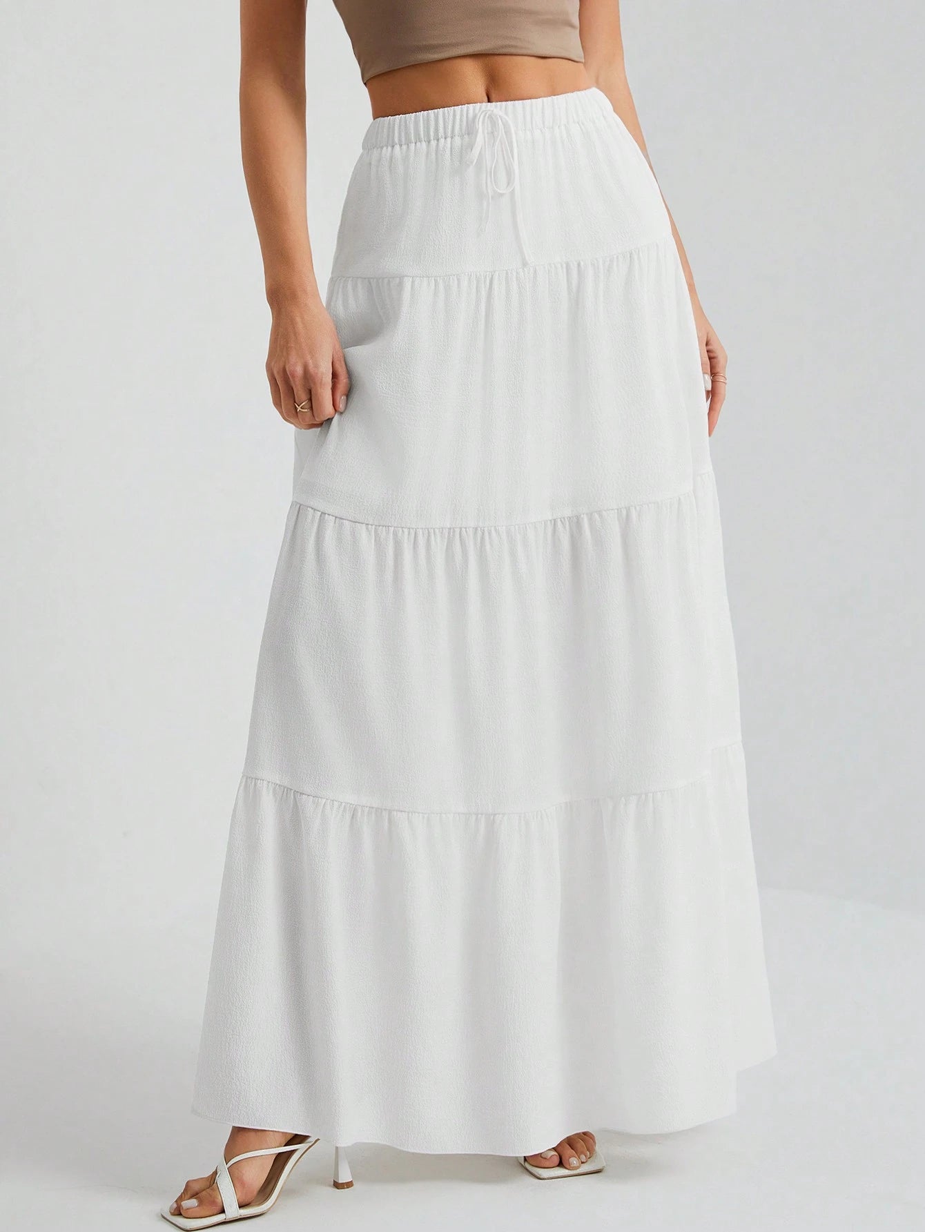Tall White Woven Women's Large Hem White Lining Skirt, Suitable For Vacation And Going Out Beach, Tall Women Autumn Breezy