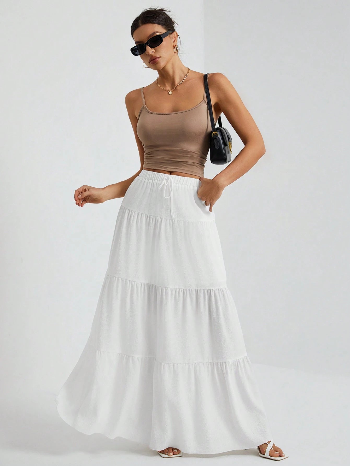 Tall White Woven Women's Large Hem White Lining Skirt, Suitable For Vacation And Going Out Beach, Tall Women Autumn Breezy