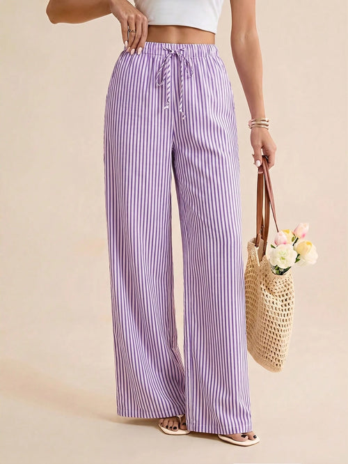 Tall Women's Drawstring Waist Striped Casual Versatile Wide Leg Pants For Daily Wear, Tall Women