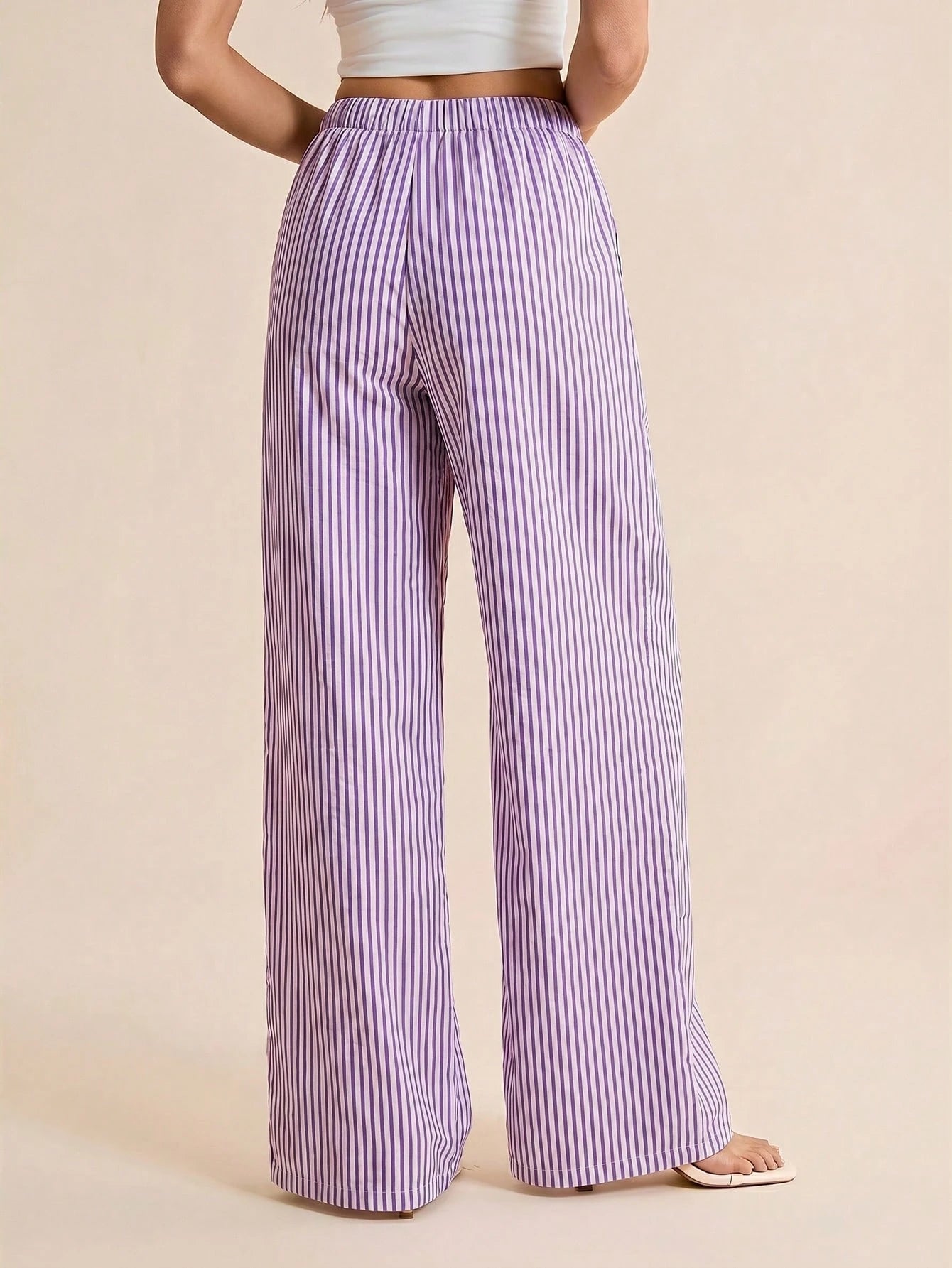 Tall Women's Drawstring Waist Striped Casual Versatile Wide Leg Pants For Daily Wear, Tall Women