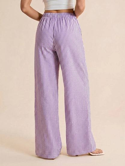 Tall Women's Drawstring Waist Striped Casual Versatile Wide Leg Pants For Daily Wear, Tall Women