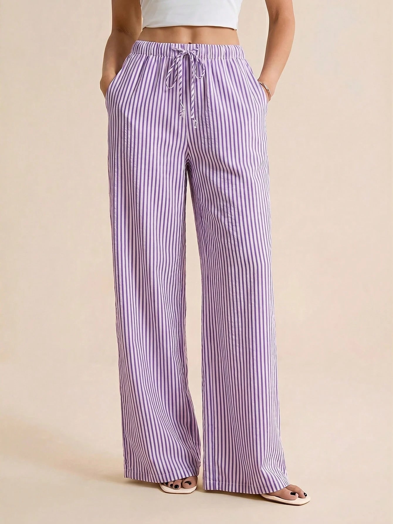 Tall Women's Drawstring Waist Striped Casual Versatile Wide Leg Pants For Daily Wear, Tall Women