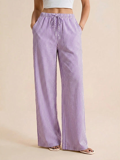 Tall Women's Drawstring Waist Striped Casual Versatile Wide Leg Pants For Daily Wear, Tall Women