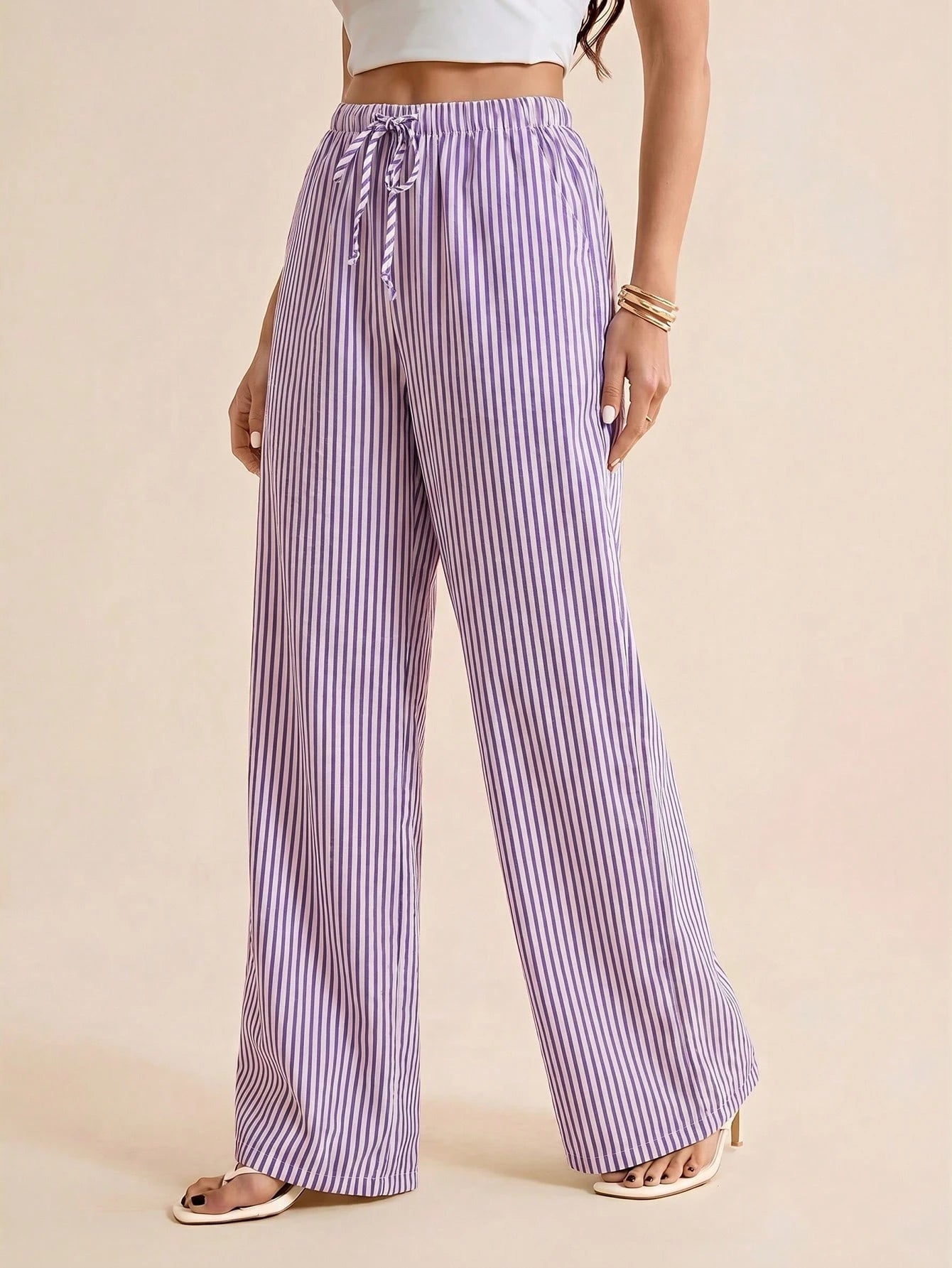 Tall Women's Drawstring Waist Striped Casual Versatile Wide Leg Pants For Daily Wear, Tall Women