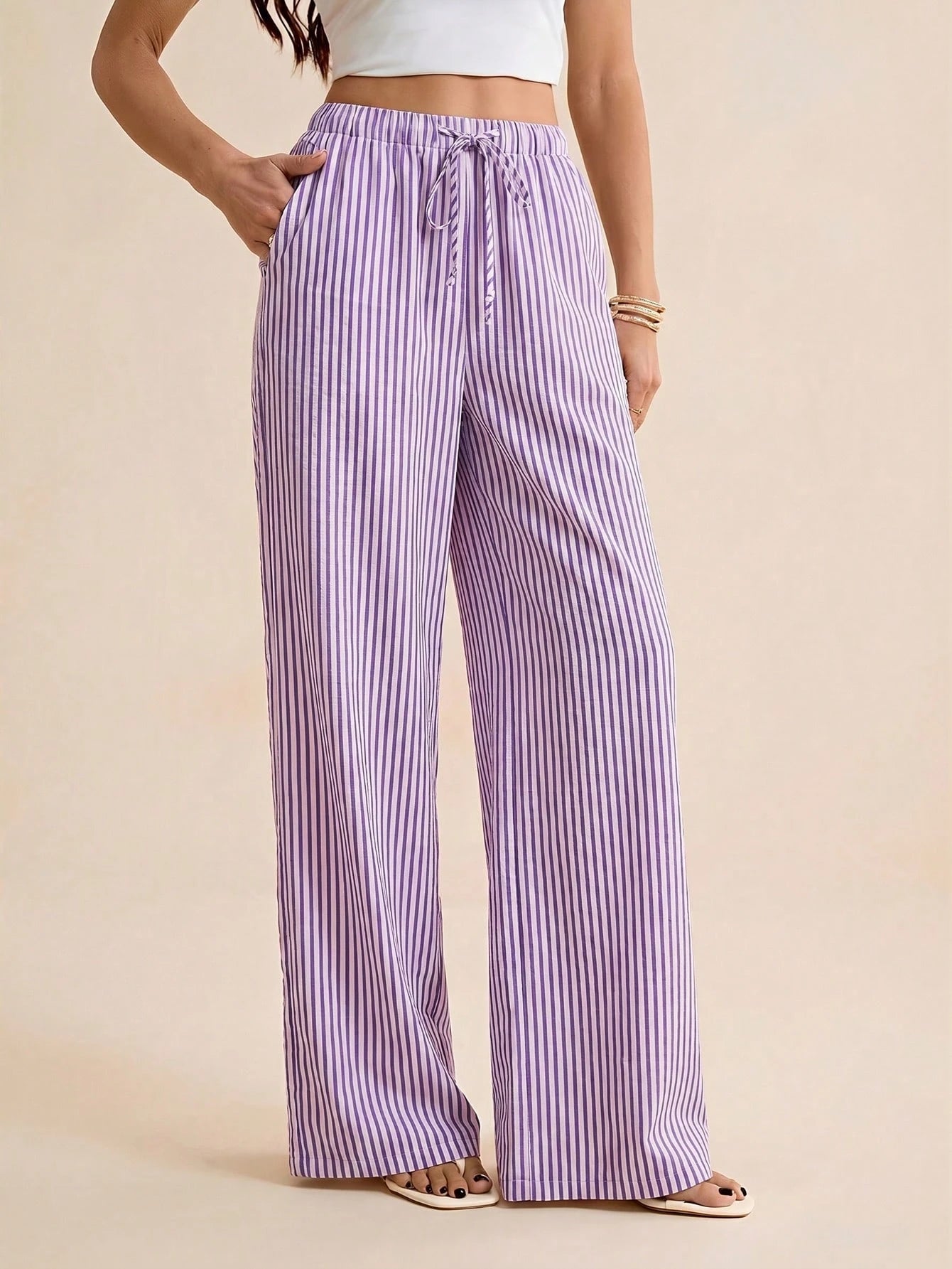 Tall Women's Drawstring Waist Striped Casual Versatile Wide Leg Pants For Daily Wear, Tall Women