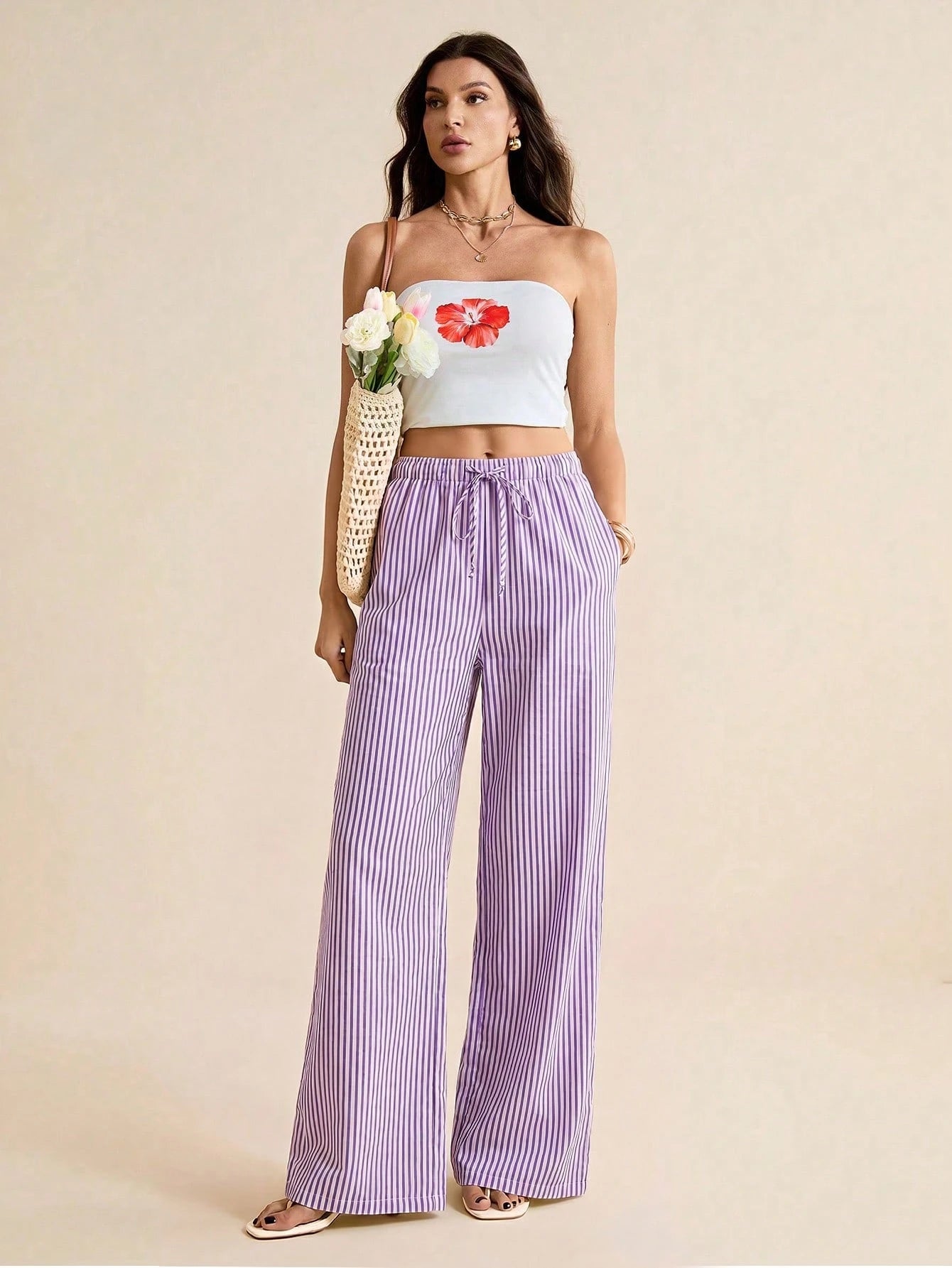 Tall Women's Drawstring Waist Striped Casual Versatile Wide Leg Pants For Daily Wear, Tall Women