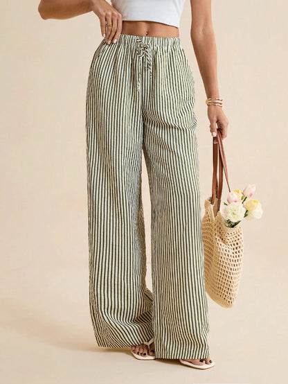 Tall Women's Drawstring Waist Striped Casual Versatile Wide Leg Pants For Daily Wear, Tall Women