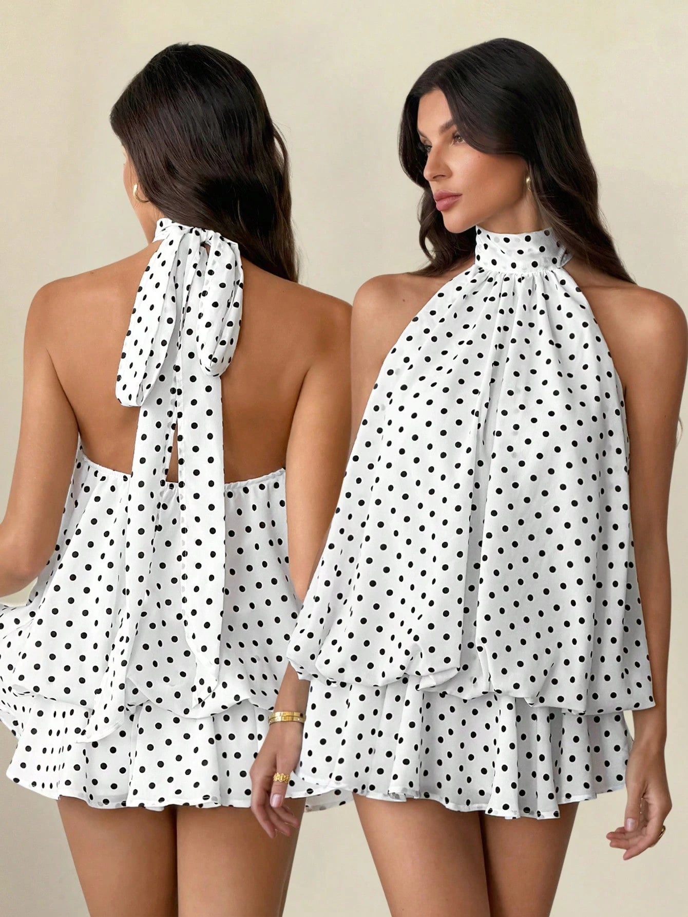 Tall Women's Elegant French White With Black Polka Dots Print Halter Backless Mini Dress,Summer Dresses For Women, Tall Women Brunch Vacation