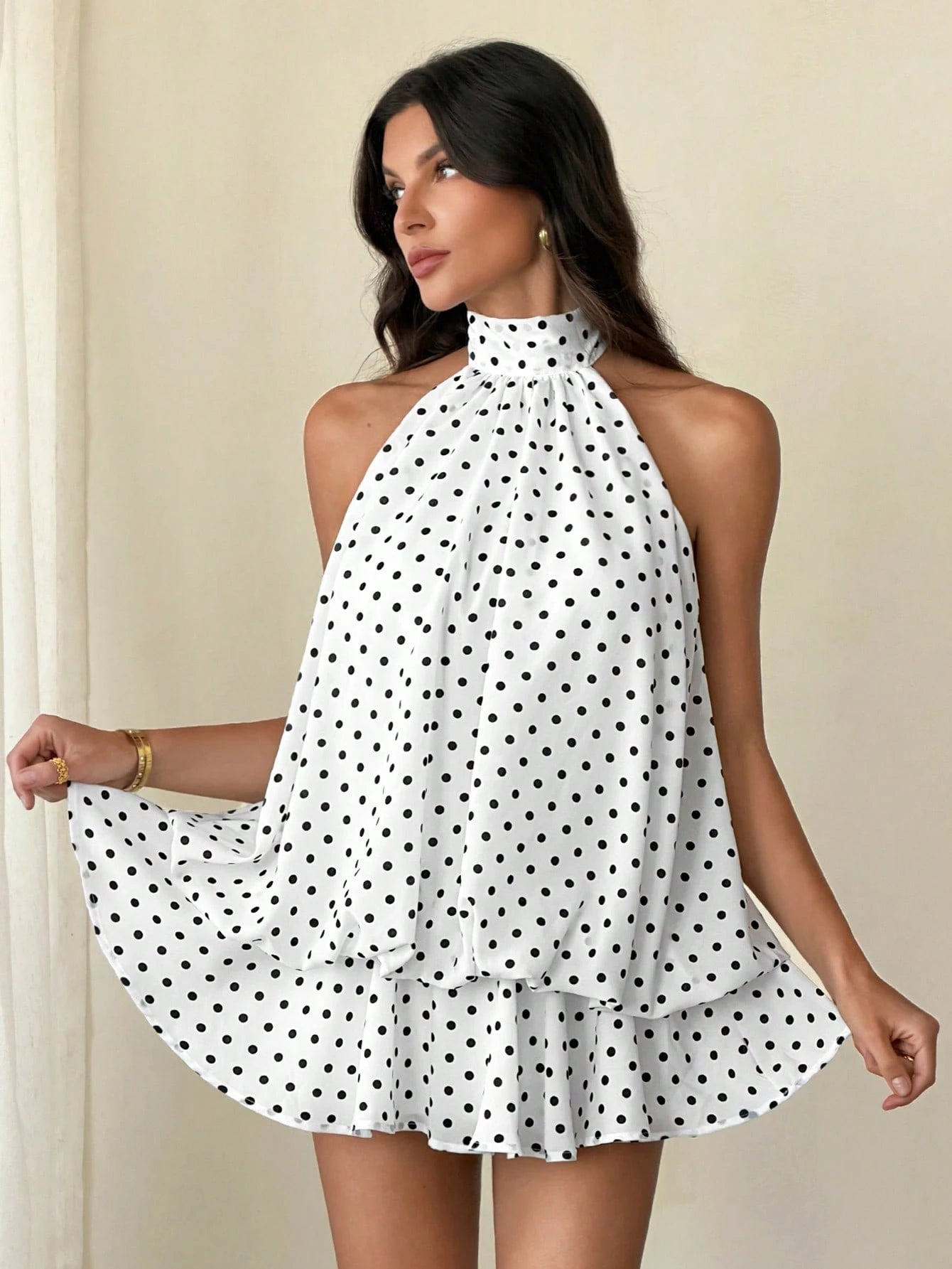 Tall Women's Elegant French White With Black Polka Dots Print Halter Backless Mini Dress,Summer Dresses For Women, Tall Women Brunch Vacation