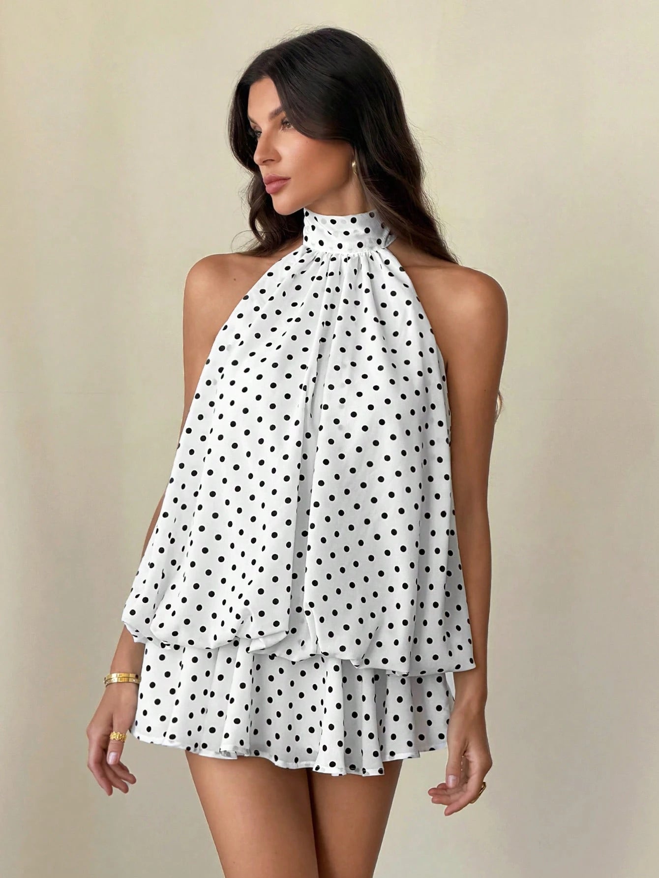 Tall Women's Elegant French White With Black Polka Dots Print Halter Backless Mini Dress,Summer Dresses For Women, Tall Women Brunch Vacation