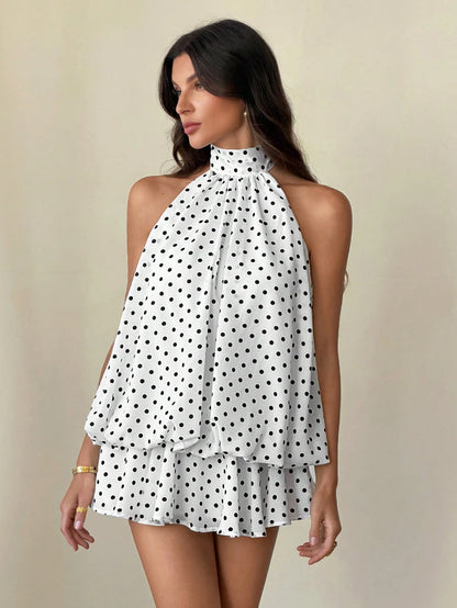 Tall Women's Elegant French White With Black Polka Dots Print Halter Backless Mini Dress,Summer Dresses For Women, Tall Women Brunch Vacation