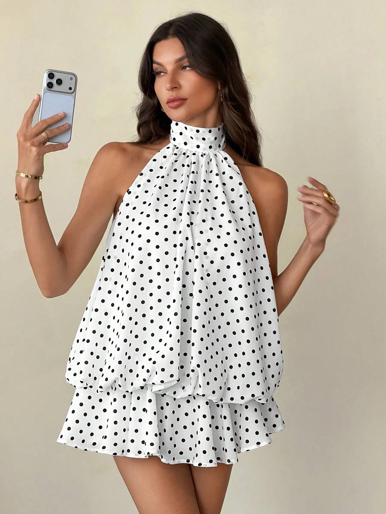 Tall Women's Elegant French White With Black Polka Dots Print Halter Backless Mini Dress,Summer Dresses For Women, Tall Women Brunch Vacation