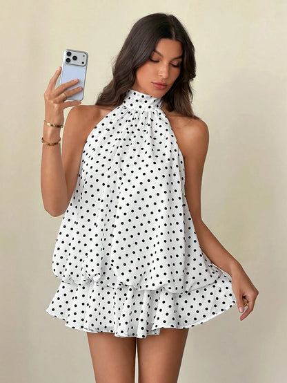Tall Women's Elegant French White With Black Polka Dots Print Halter Backless Mini Dress,Summer Dresses For Women, Tall Women Brunch Vacation