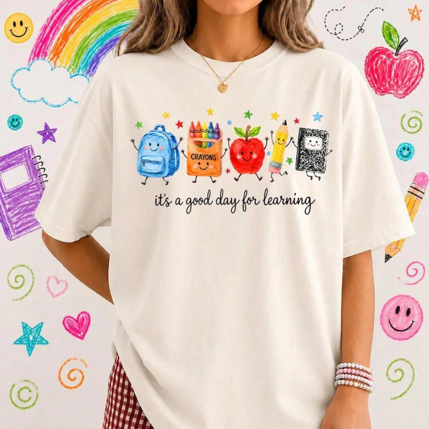 Teacher It's A Good Day For Learning Shirt, Funny Teacher Back To School TShirt, Brushstroke Crayon Apple Pencil Notebook| Relaxed F