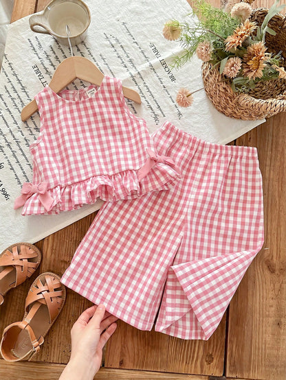 The 2-Piece Cute Baby Girl Casual Plaid Bow Sleeveless Vest And Elastic Waist Pants Set Is Suitable For Birthday Parties, Parties, Performances, Weddings, Baptisms, And Opening Ceremonies, And I