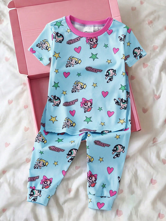 THE POWERPUFF GIRLS X Baby Girl Round Neck Cartoon Print Short Sleeve Top And Long Pants Casual Daily Home Sleepwear Set
