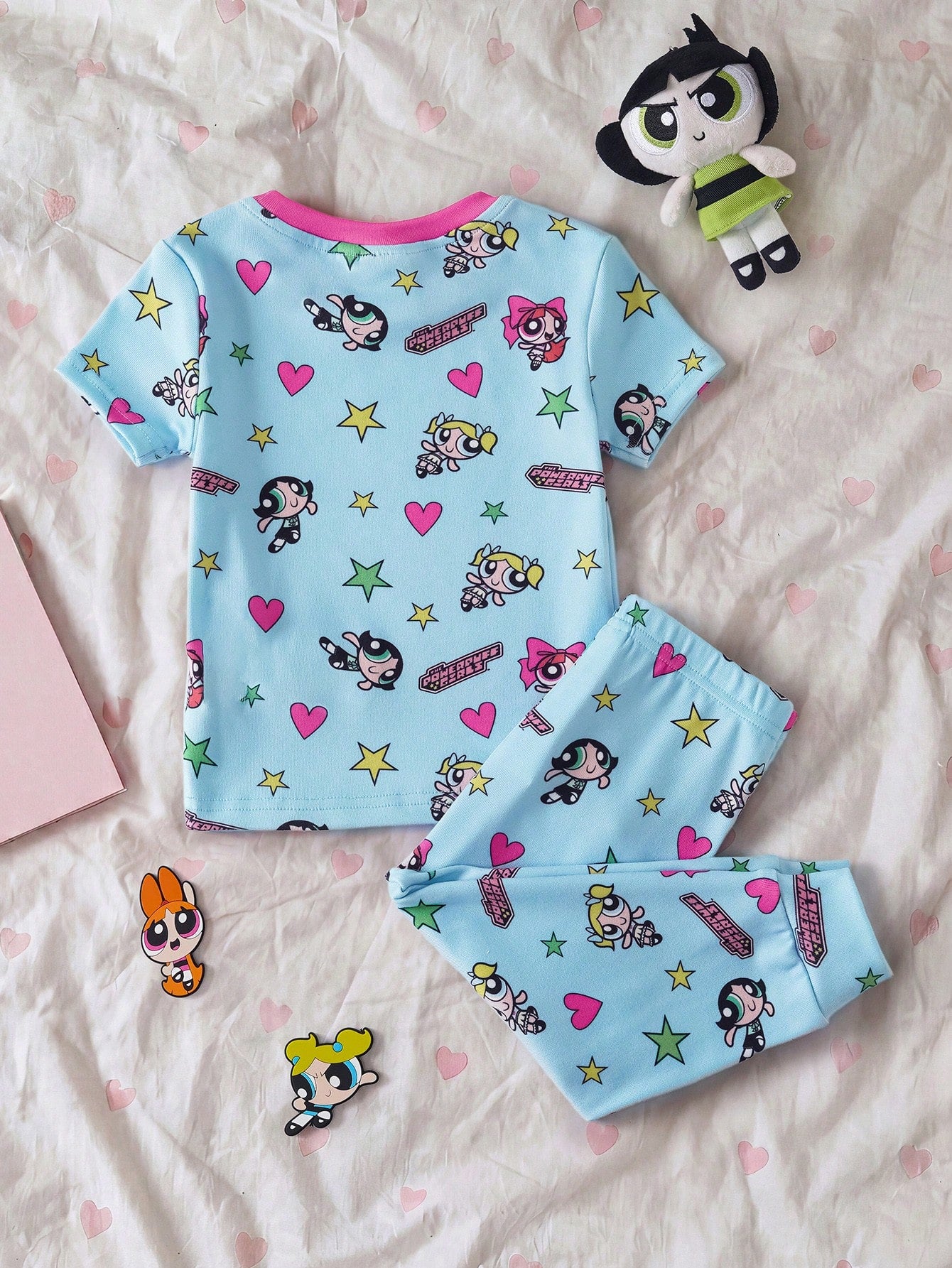 THE POWERPUFF GIRLS X Baby Girl Round Neck Cartoon Print Short Sleeve Top And Long Pants Casual Daily Home Sleepwear Set