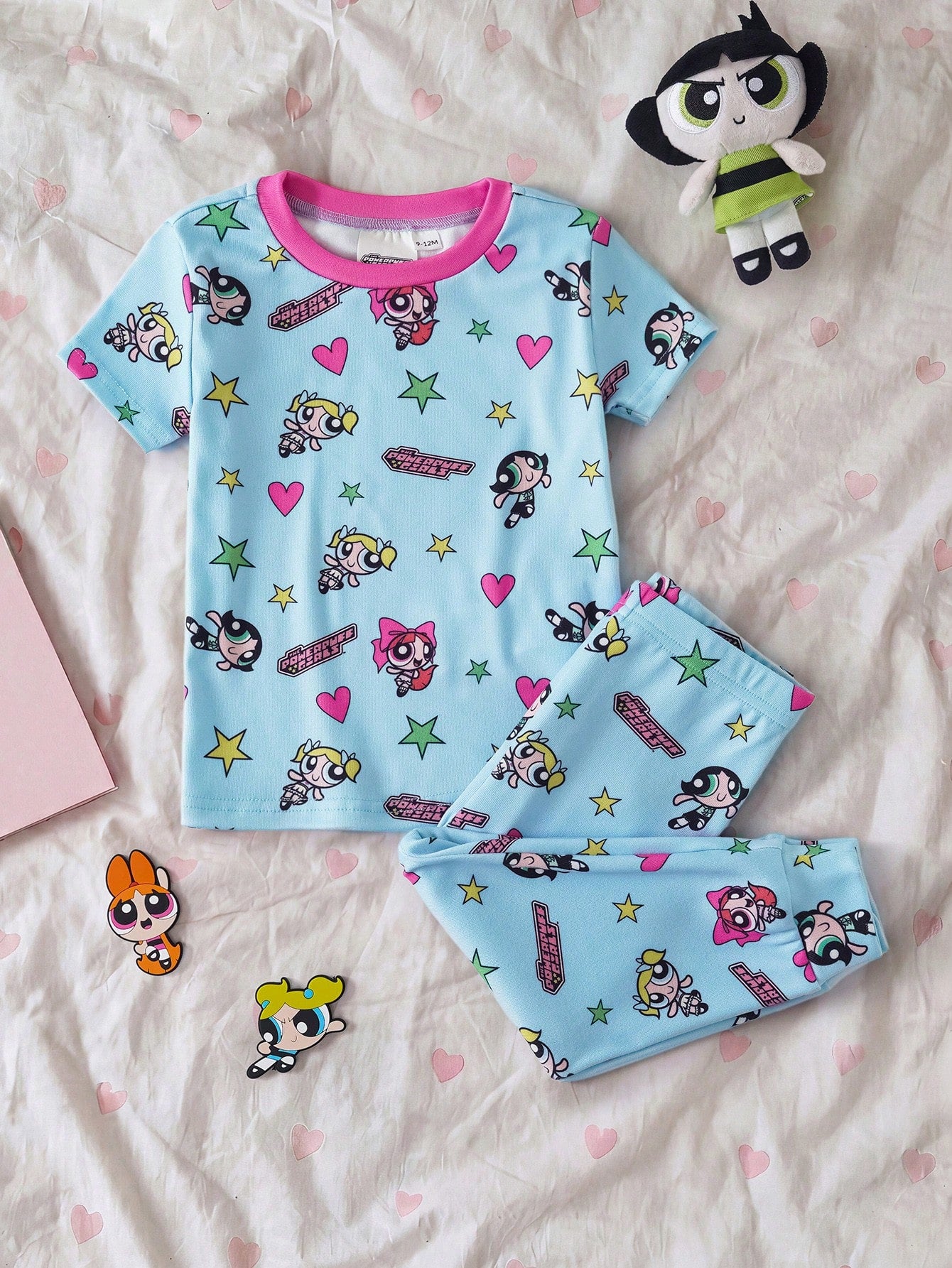 THE POWERPUFF GIRLS X Baby Girl Round Neck Cartoon Print Short Sleeve Top And Long Pants Casual Daily Home Sleepwear Set