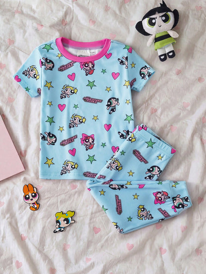 THE POWERPUFF GIRLS X Baby Girl Round Neck Cartoon Print Short Sleeve Top And Long Pants Casual Daily Home Sleepwear Set