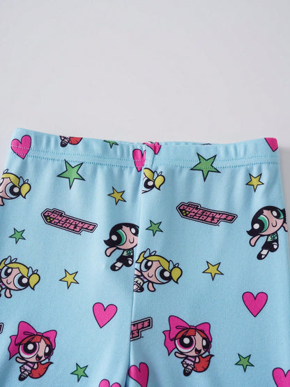 THE POWERPUFF GIRLS X Baby Girl Round Neck Cartoon Print Short Sleeve Top And Long Pants Casual Daily Home Sleepwear Set